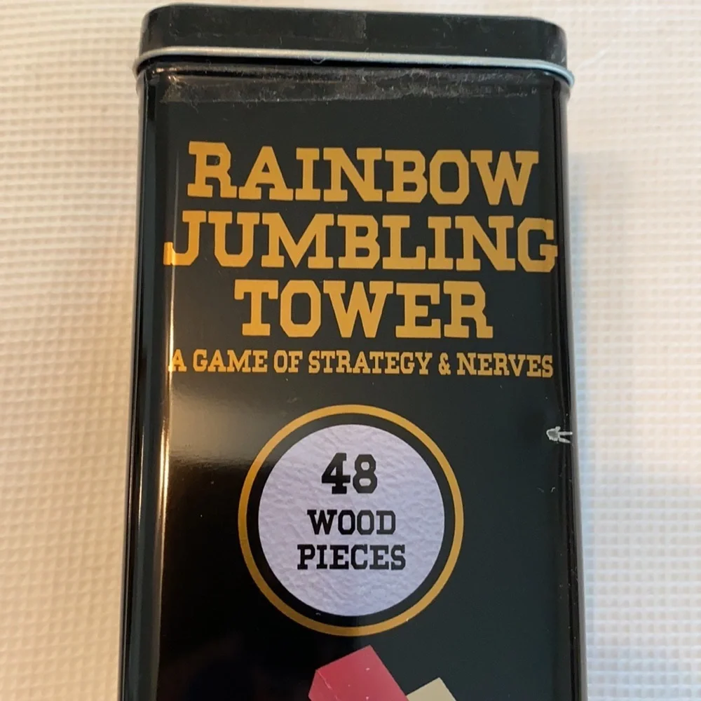 Rainbow Jumbling Tower a game of Strategy Tin box 48 Pieces Ages 6+